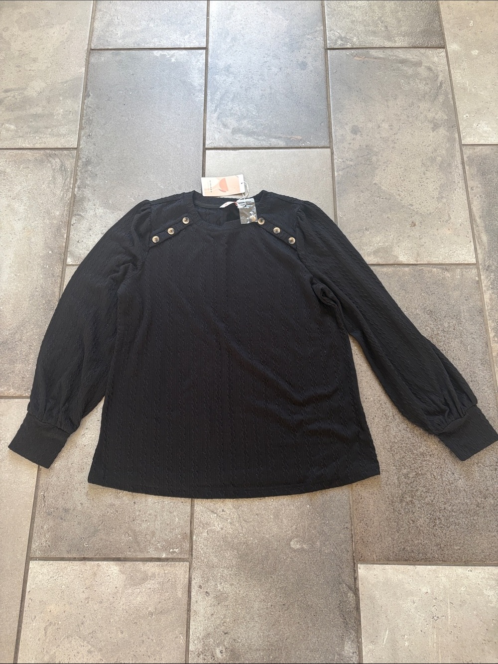 Black Button-Detail Long Sleeve Top